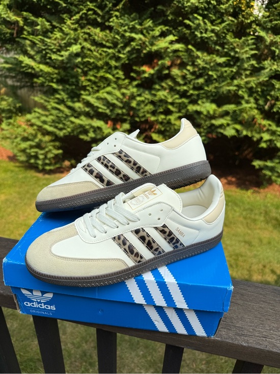 adidas Shoes - UNISEX adidas Cream and Brown Samba Sneakers with Leopard-Print Stripes